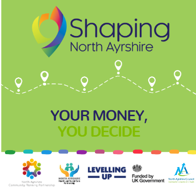 Shaping North Ayrshire poster on green background with location icons and text reading 'Your Money, You Decide'