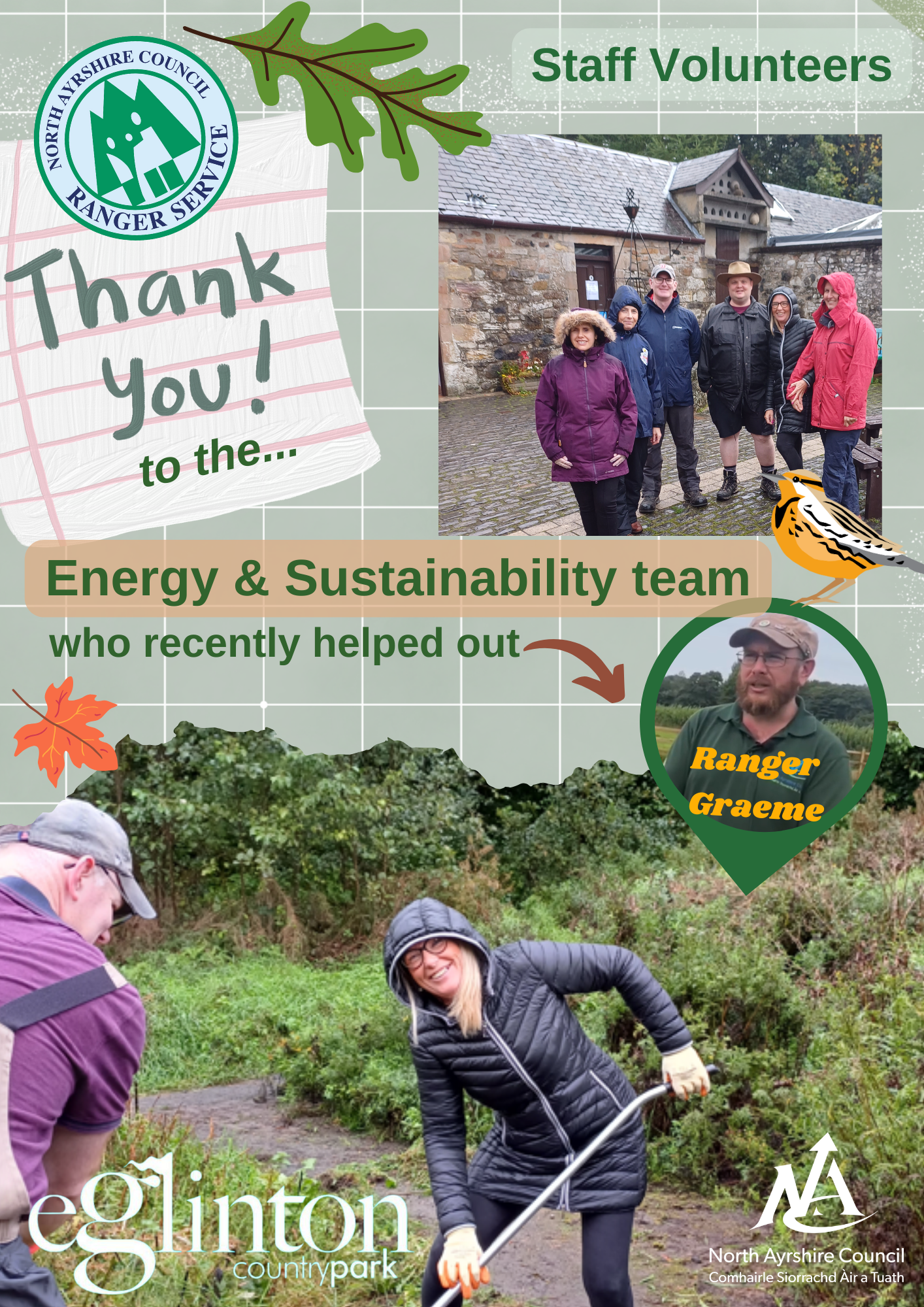 Decorative graphic from the recent Staff Volunteering at Eglinton Country park with the Energy and Sustainability team who are standing as a group with another picture of two colleagues digging a raised bed - desin also has nature icons includin a bird, squirrel and leaves and a picture of ranger graham