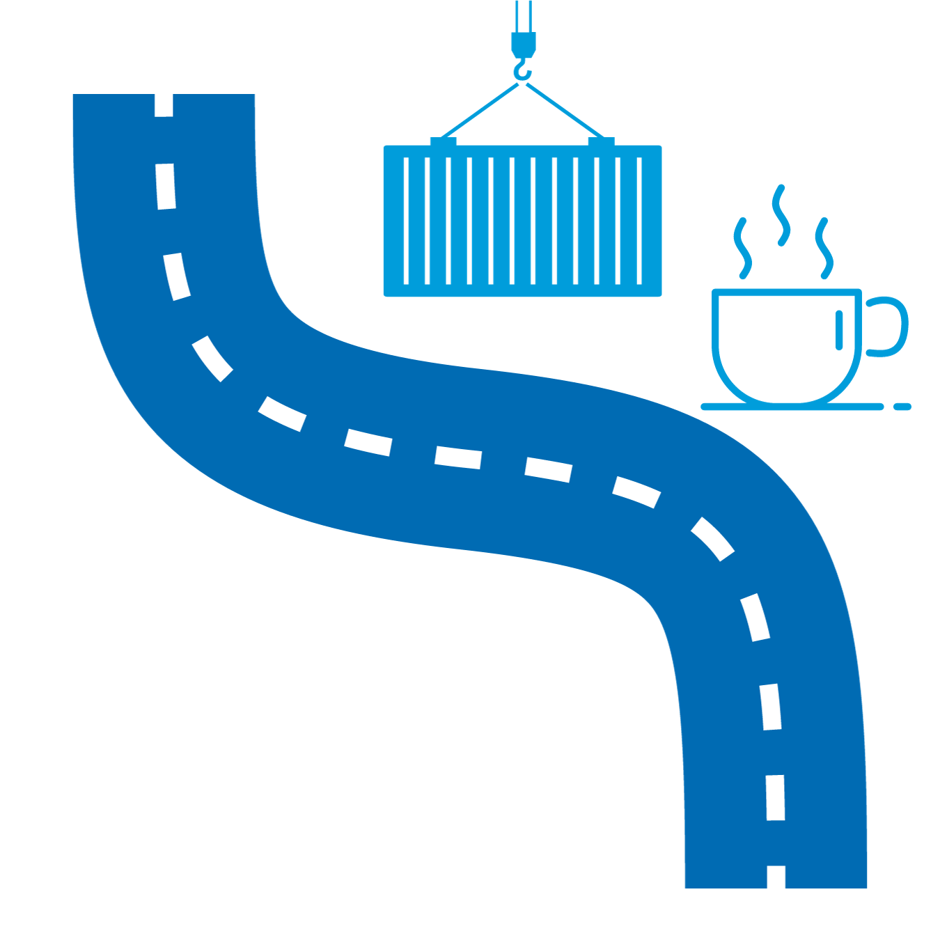 Winding road icon with shipping container on crane and coffee