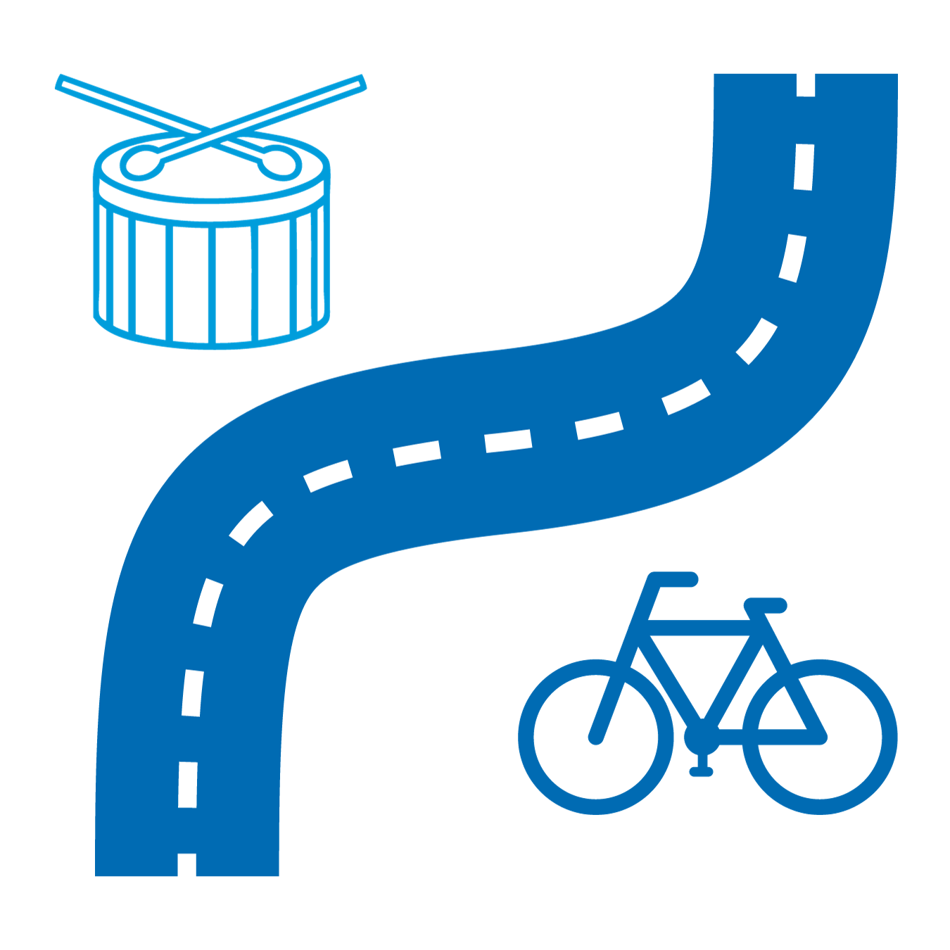 Winding road with drum and bicycle icon