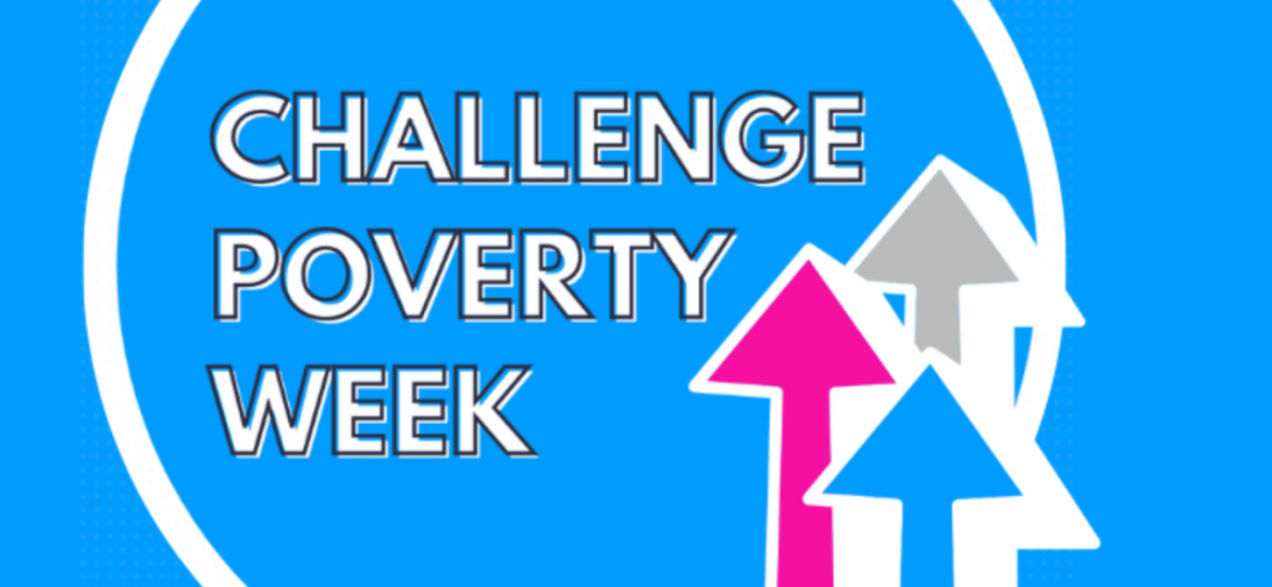 Logo with three upward pointing arrows with text in a circle reading 'Challenge Poverty Week'
