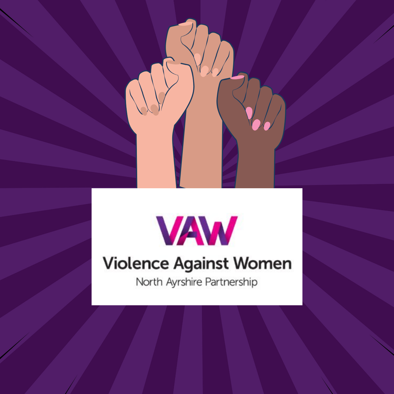 16 days of action icon with three womens hands raised and Violence Against Women Partnership icon