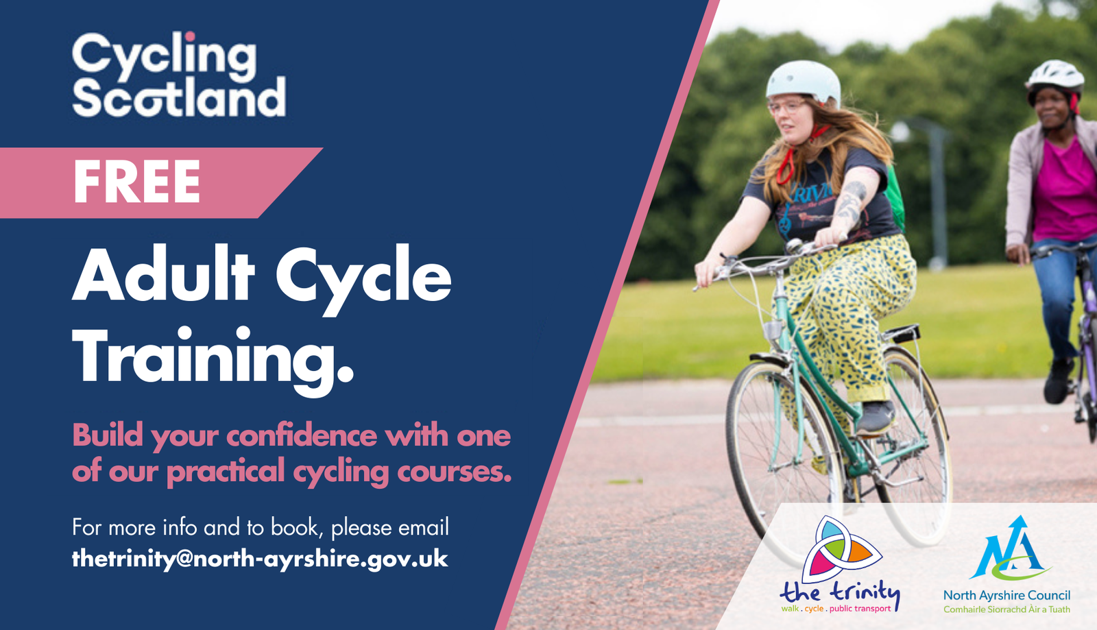 Free Adult Cycle Training with Active Travel Hub poster with two people cycling