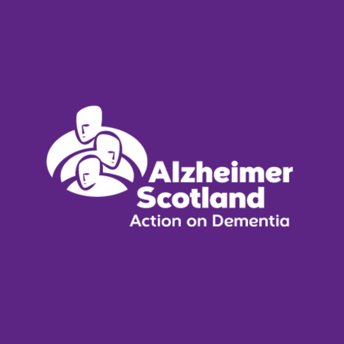Charity logo - Purple background with white icon of three faces and text reading Alzheimer Scotland 'Action on Dementia'