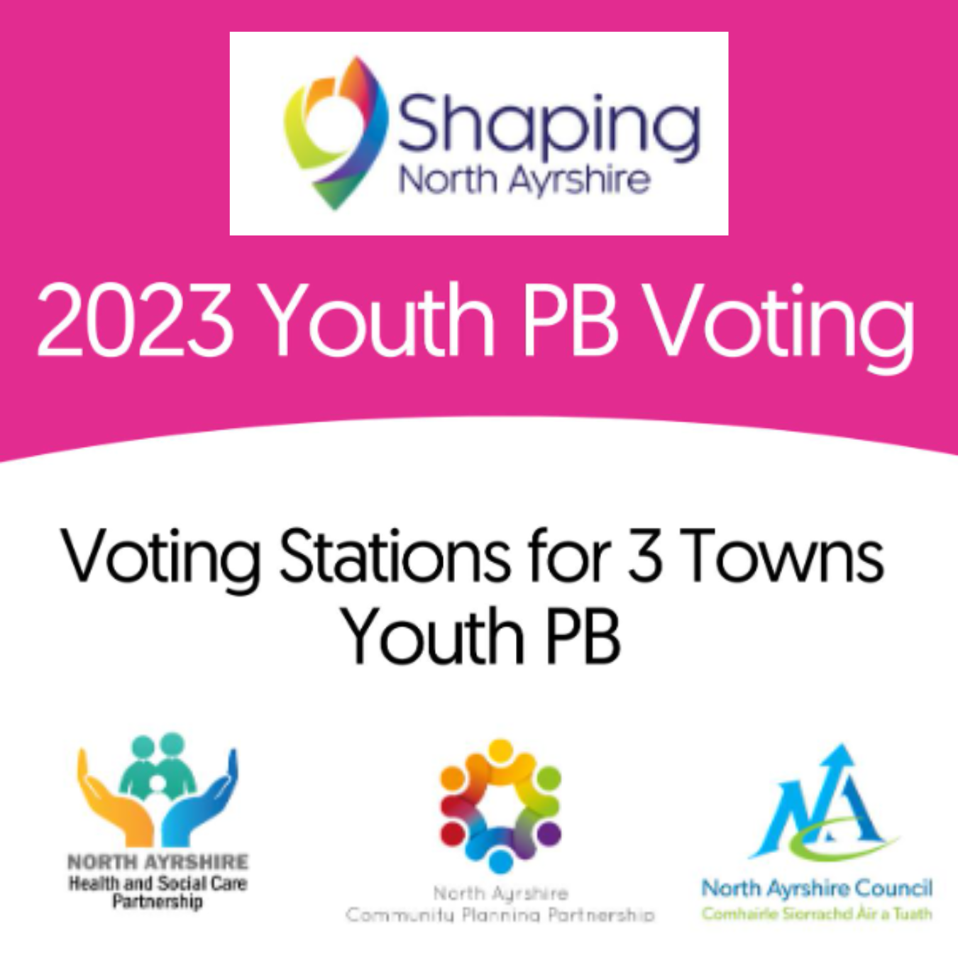 Shaping North Ayrshire logo with banner that reads: "2023 Youth PB Voting - Voting Stations for 3 Towns Youth PB - and North Ayrshire Health and Social Care Partnership logo, North Ayrshire Community Planning Partnership logo and North Ayrshire Council logo