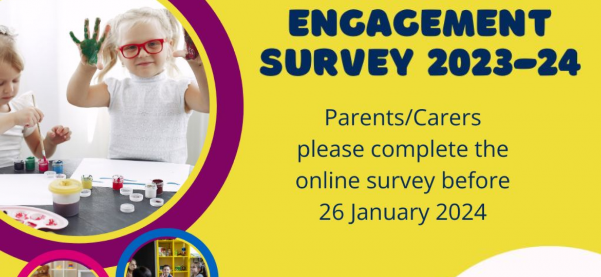 Decorative graphic with toddlers and infants with text reading Early Years Parental Engagement Survey 2023-24