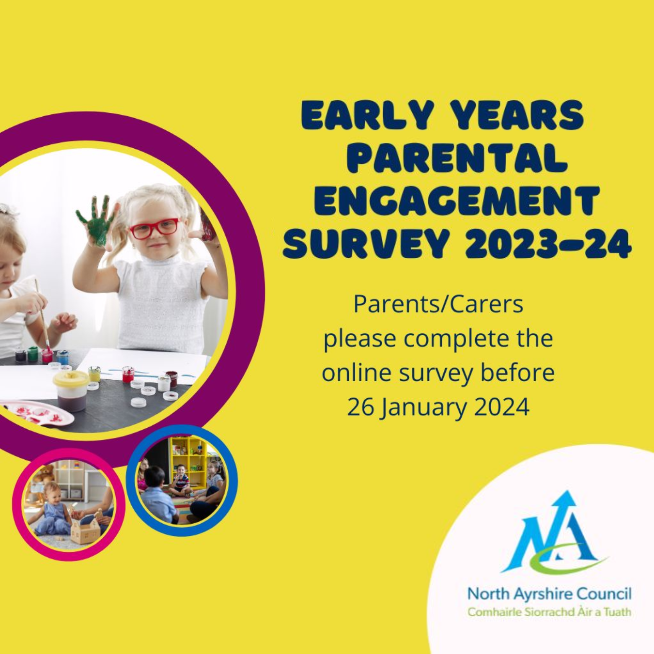 Decorative graphic with toddlers and infants with text reading Early Years Parental Engagement Survey 2023-24