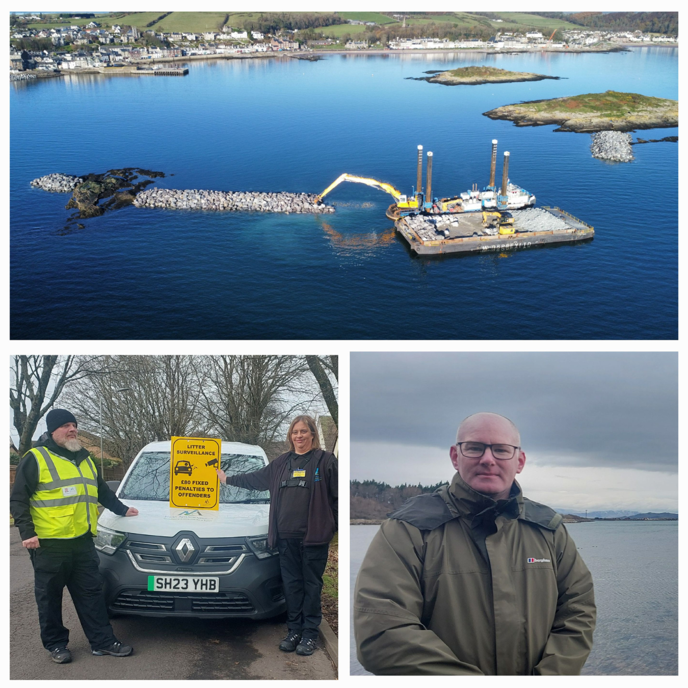 Campaign coverage below has included (from top, left) Millport Flood Protection Scheme, Biodiversity Officer Neal Lochrie and Environmental Enforcement Officers Julie Donnan and Steven Lyon