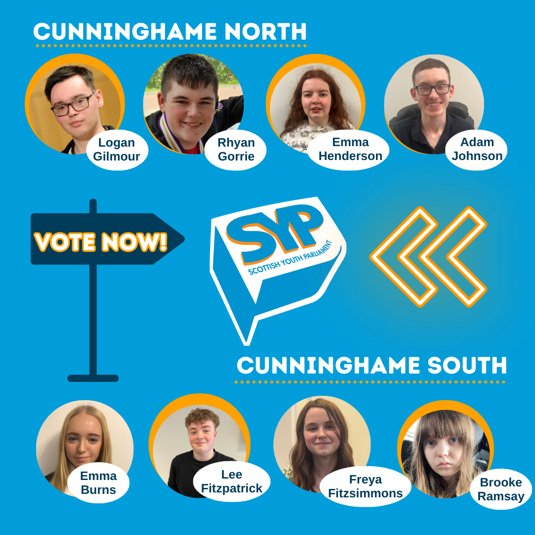 Decorative image of Scottish Youth Parliament candidates for North Ayrshire with a vote now message and arrows
