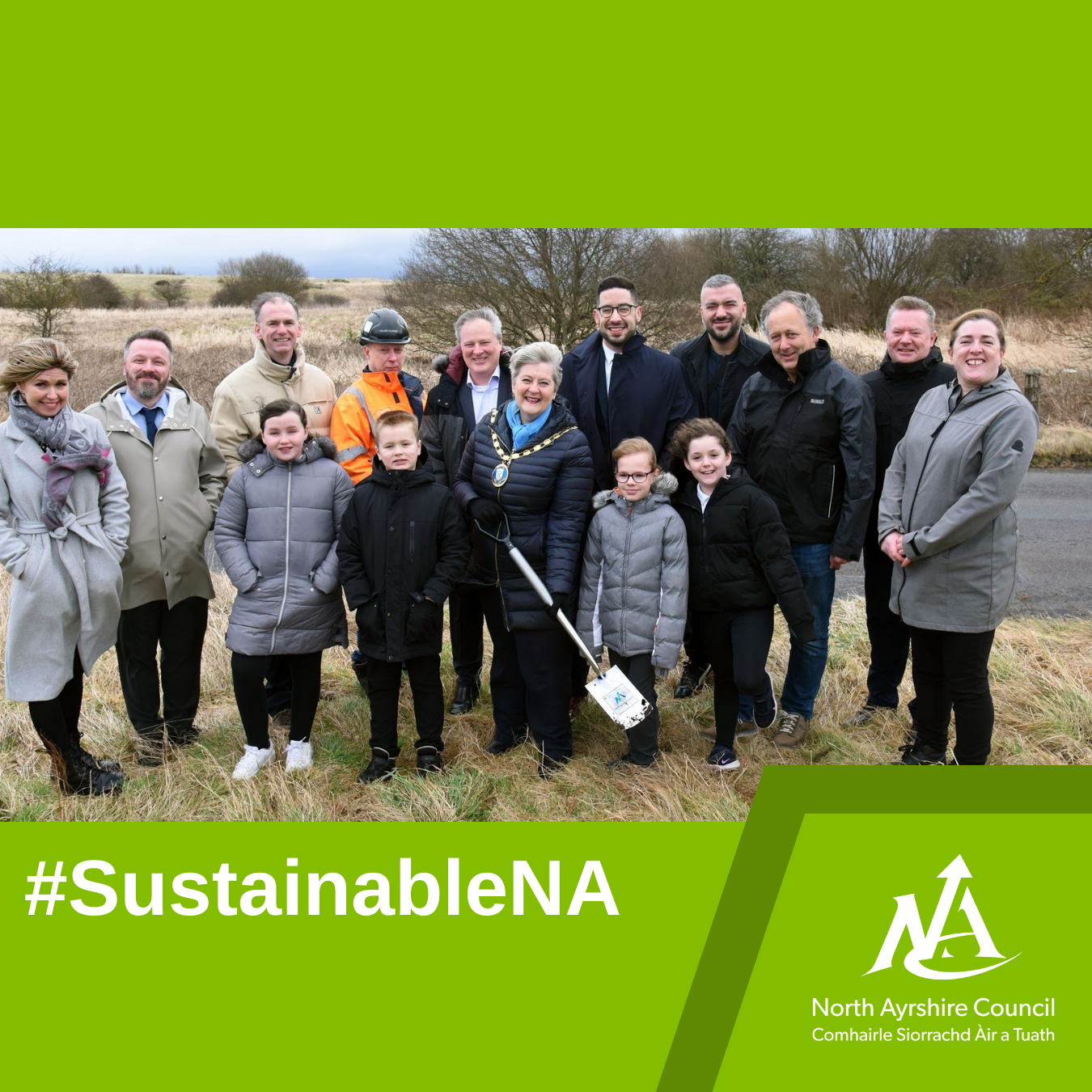 Sustainable North Ayrshire promo pic with Council logo and hashtag #SustainableNA with pic of Provost at ground-breaking for Council's first solar farm