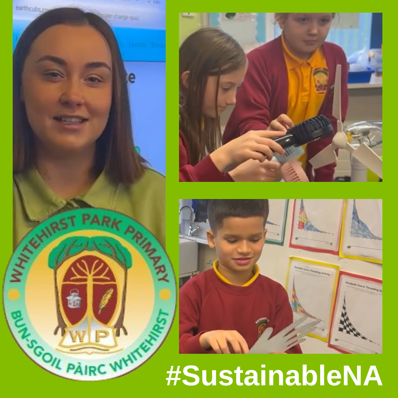 Collage of Energy Awareness session at Whitehirst Primary School with hashtag #SustainableNA