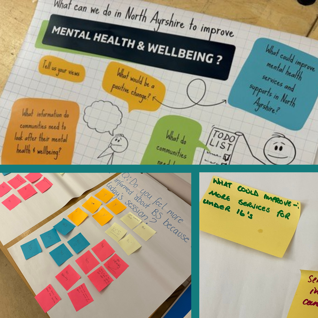 Feedback shared from recent community mental health and wellbeing event on post it notes