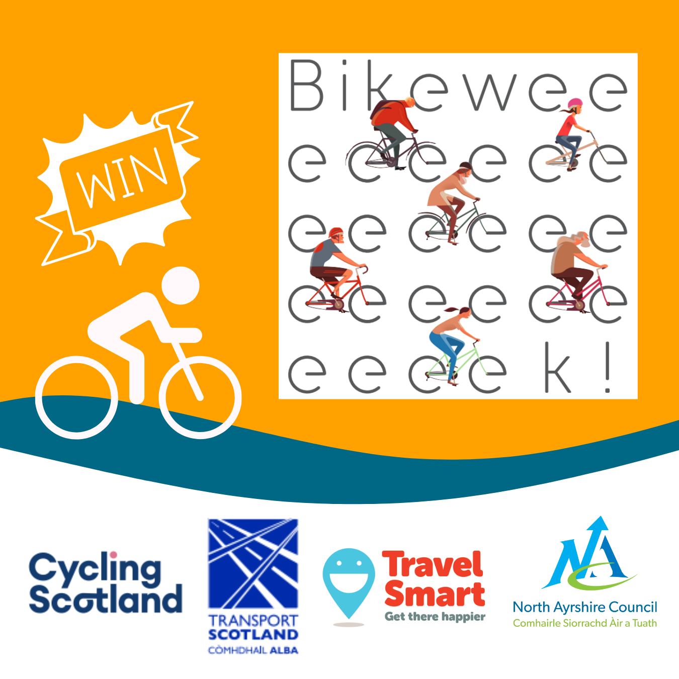 Bike Week logos and cyclists with win badge