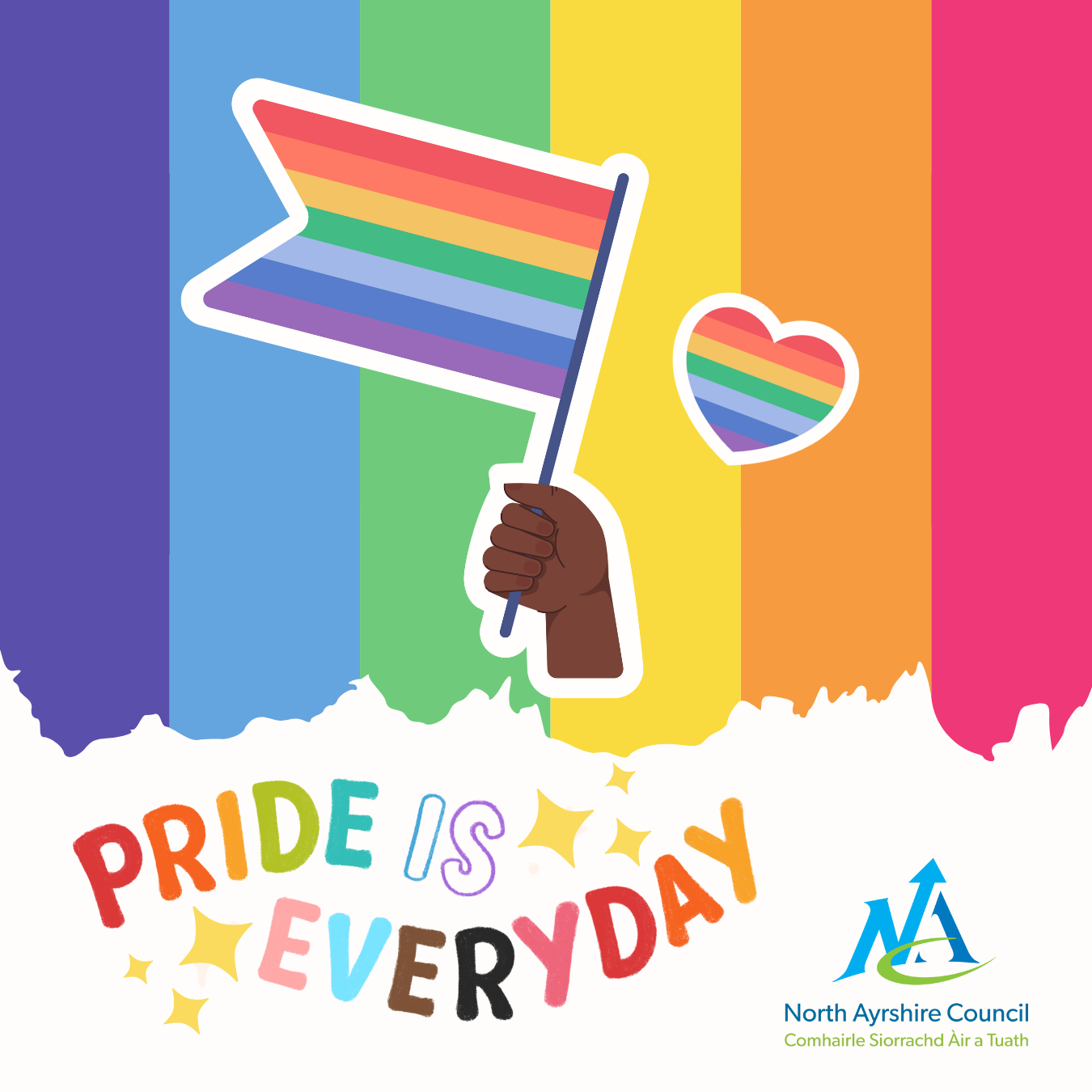 Pride month graphic with rainbow background and 'Pride Is Everyday' text with Council logo