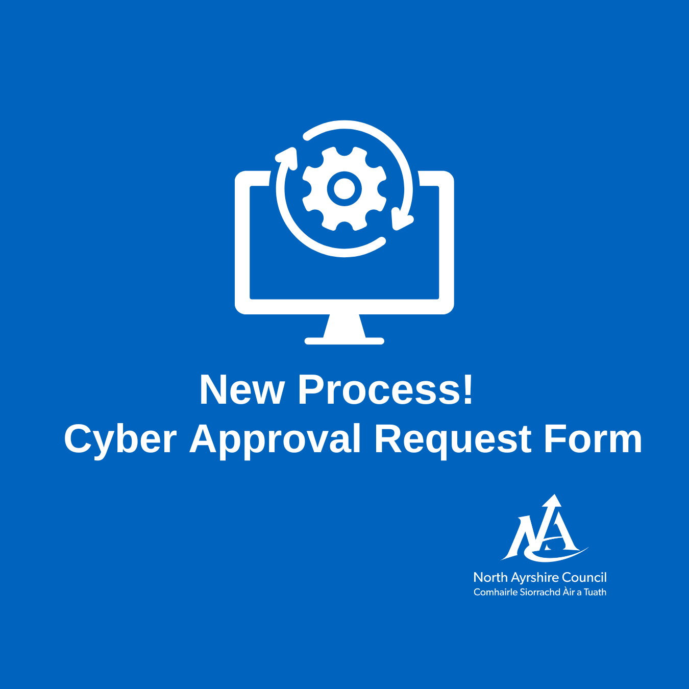 Icon of computer and arrow. New Process! Cyber Approval Request Form