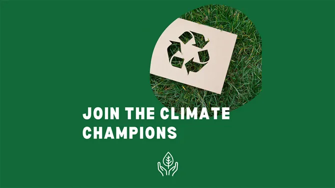 A patch of grass alongside the words join the climate champions on a green background
