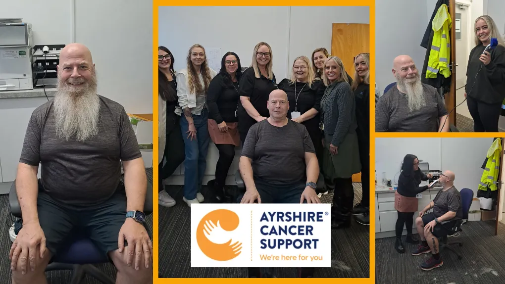 Brave the shave photo collage of man with beard shaving it off with colleagues