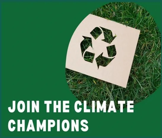 Green background with a close-up image of grass and the words 'join the climate champions'.