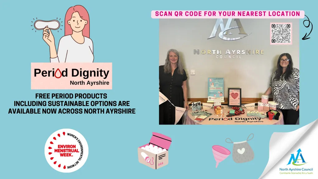 Woman holding sanitary towel on a blue background with the words period dignity. Photograph of two women at a period dignity stall.