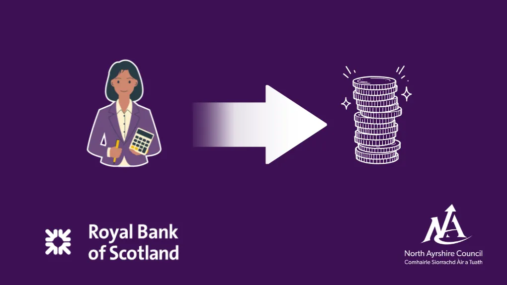 Finance advisor graphic with bank logo arrow and pile of coins