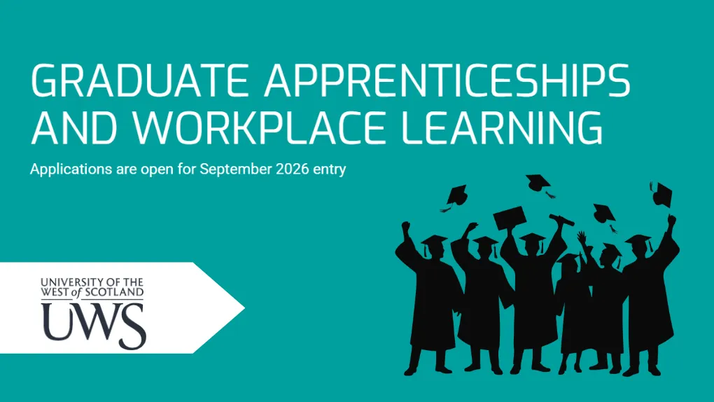 Graduate apprenticeships and workplace learning graphic with University West of Scotland logo and silhouette of graduates