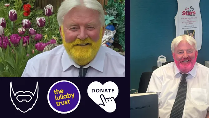 Photo collage of colleague with colourful beard for fundraiser to raise awareness of cot death
