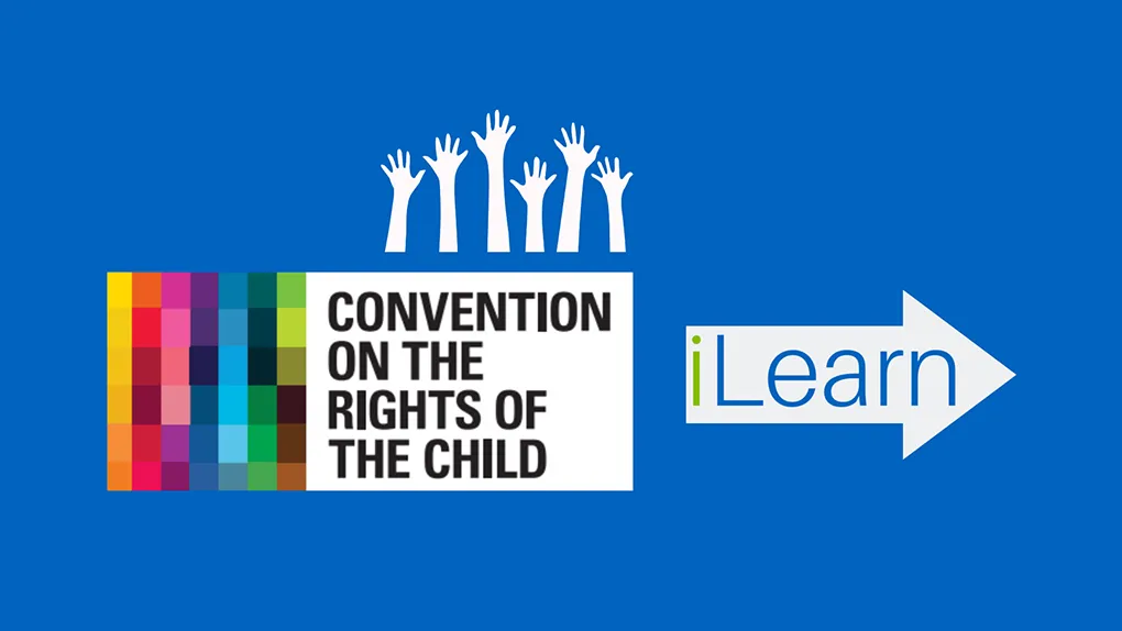 Raised hands on a blue background with the words 'convention on the rights of the child'