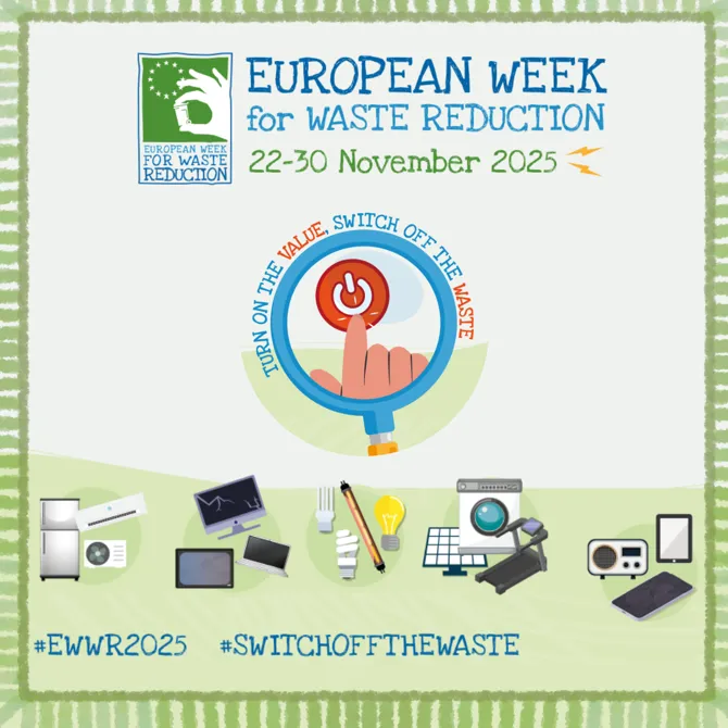 Graphic with the words European Week of Waste Reduction 22-30 November with various images including televisions,