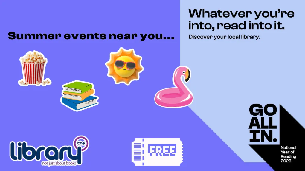 Libraries events this summer graphic with popcorn, books, sunshine and flamingo motif