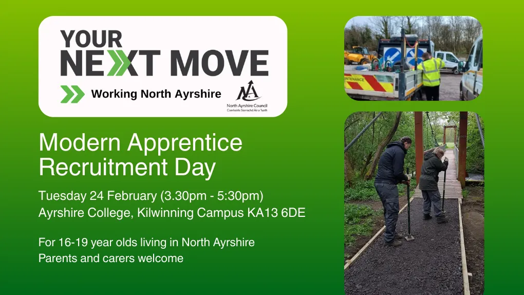 Modern Apprentice Recruitment Day flyer with recruits working outdoors