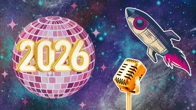2026 disco ball with microphone spaceship and galaxy background