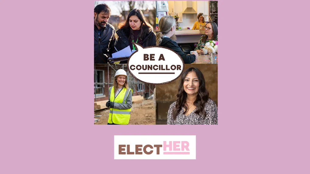 Women in different work environments with the words 'elect her' on a pink background
