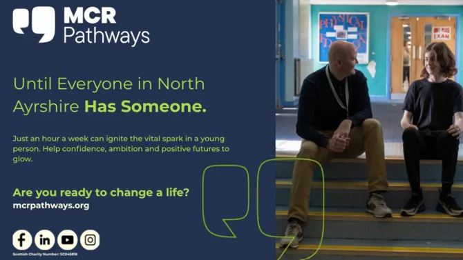 MCR Pathways mentoring graphic with mentor and young person at Irvine Royal Academy