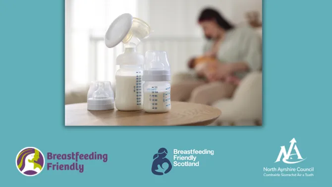 Breastfeeding pump with bottles and mum with infant in background